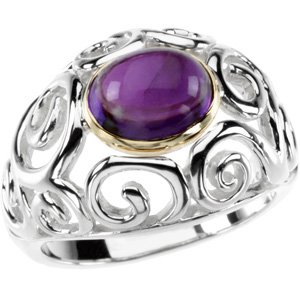 Sterling Silver & 14K Yellow Gold Natural Cabochon Amethyst Scroll Ring