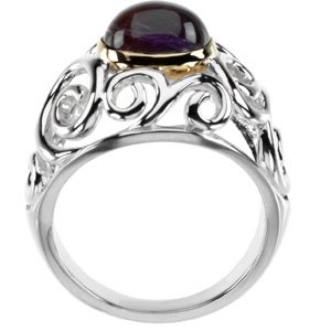 Sterling Silver & 14K Yellow Gold Natural Cabochon Amethyst Scroll Ring