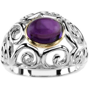 Sterling Silver & 14K Yellow Gold Natural Cabochon Amethyst Scroll Ring