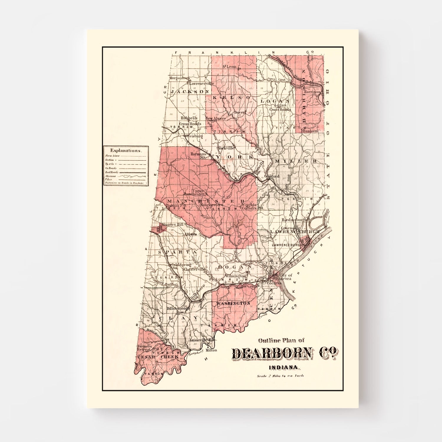 Vintage Map of Dearborn County, Indiana 1875