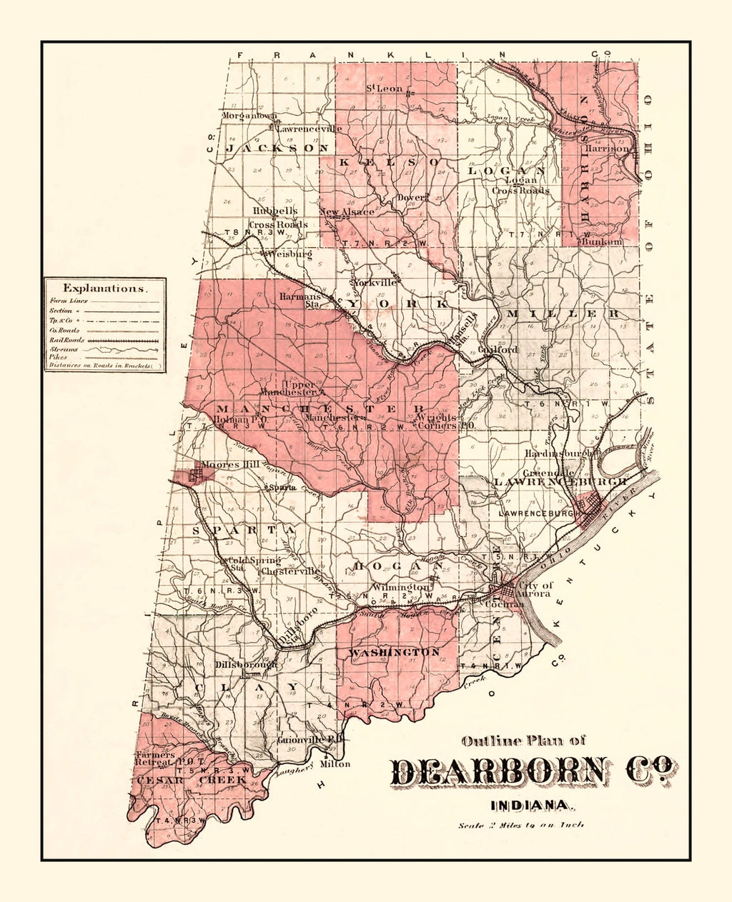 Vintage Map of Dearborn County, Indiana 1875