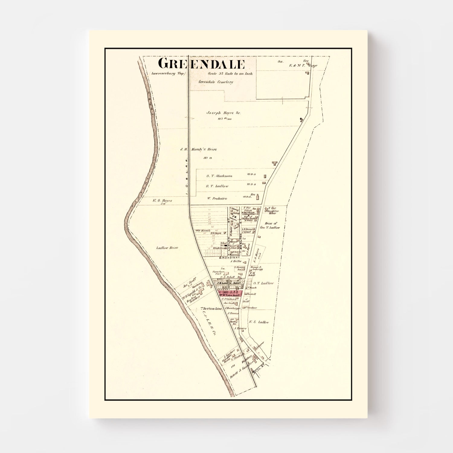 Vintage Map of Greendale, Indiana 1875