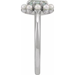 14K White Gold Natural Sky Blue Topaz & Cultured White Seed Pearl Halo-Style Ring