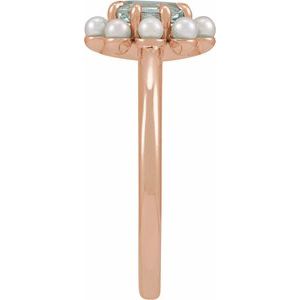 14K Rose Gold Natural Sky Blue Topaz & Cultured White Seed Pearl Halo-Style Ring