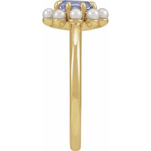 14K Yellow Gold Natural Tanzanite & Cultured White Seed Pearl Halo-Style Ring