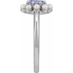 Sterling Silver Natural Tanzanite & Cultured White Seed Pearl Halo-Style Ring
