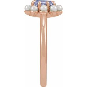 14K Rose Gold Natural Tanzanite & Cultured White Seed Pearl Halo-Style Ring