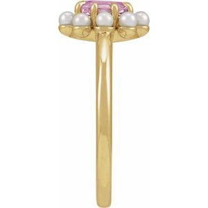 14K Yellow Gold Natural Pink Tourmaline & Cultured White Seed Pearl Halo-Style Ring