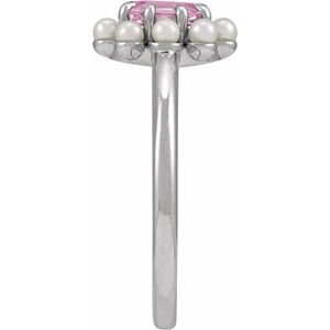 Sterling Silver Natural Pink Tourmaline & Cultured White Seed Pearl Halo-Style Ring