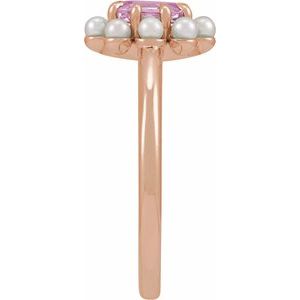 14K Rose Gold Natural Pink Tourmaline & Cultured White Seed Pearl Halo-Style Ring