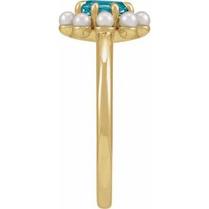 14K Yellow Gold Natural London Blue Topaz & Cultured White Seed Pearl Halo-Style Ring
