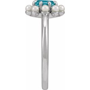 14K White Gold Natural London Blue Topaz & Cultured White Seed Pearl Halo-Style Ring