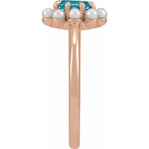 14K Rose Gold Natural London Blue Topaz & Cultured White Seed Pearl Halo-Style Ring