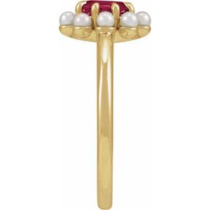 14K Yellow Gold Natural Rhodolite Garnet & Cultured White Seed Pearl Halo-Style Ring