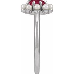Sterling Silver Natural Rhodolite Garnet & Cultured White Seed Pearl Halo-Style Ring