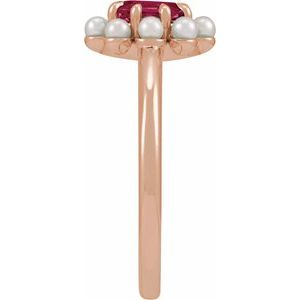 14K Rose Gold Natural Rhodolite Garnet & Cultured White Seed Pearl Halo-Style Ring