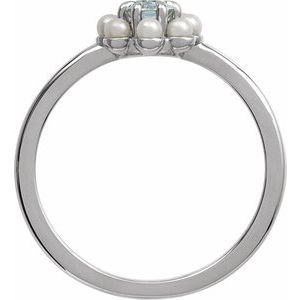14K White Gold Natural Sky Blue Topaz & Cultured White Seed Pearl Halo-Style Ring