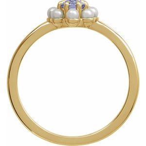 14K Yellow Gold Natural Tanzanite & Cultured White Seed Pearl Halo-Style Ring