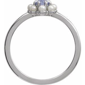 Platinum Natural Tanzanite & Cultured White Seed Pearl Halo-Style Ring