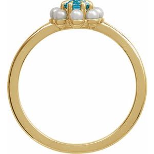 14K Yellow Gold Natural London Blue Topaz & Cultured White Seed Pearl Halo-Style Ring