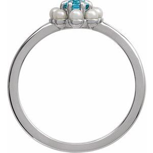 Platinum Natural London Blue Topaz & Cultured White Seed Pearl Halo-Style Ring
