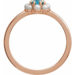 14K Rose Gold Natural London Blue Topaz & Cultured White Seed Pearl Halo-Style Ring