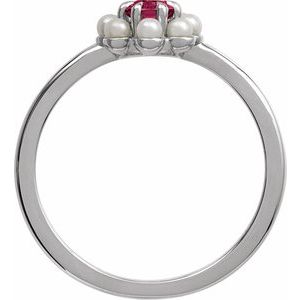 Platinum Natural Rhodolite Garnet & Cultured White Seed Pearl Halo-Style Ring