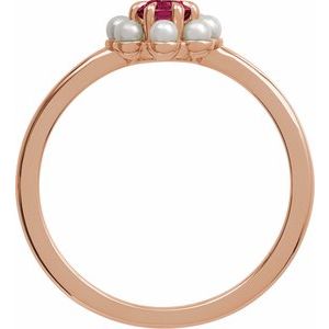 14K Rose Gold Natural Rhodolite Garnet & Cultured White Seed Pearl Halo-Style Ring