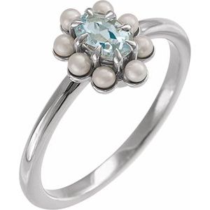 Platinum Natural Sky Blue Topaz & Cultured White Seed Pearl Halo-Style Ring