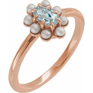 14K Rose Gold Natural Sky Blue Topaz & Cultured White Seed Pearl Halo-Style Ring