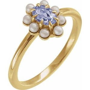 14K Yellow Gold Natural Tanzanite & Cultured White Seed Pearl Halo-Style Ring