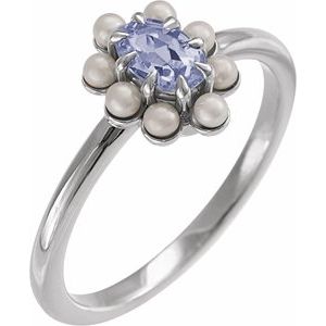 Sterling Silver Natural Tanzanite & Cultured White Seed Pearl Halo-Style Ring