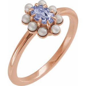 14K Rose Gold Natural Tanzanite & Cultured White Seed Pearl Halo-Style Ring