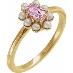 14K Yellow Gold Natural Pink Tourmaline & Cultured White Seed Pearl Halo-Style Ring