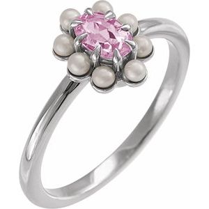 14K White Gold Natural Pink Tourmaline & Cultured White Seed Pearl Halo-Style Ring
