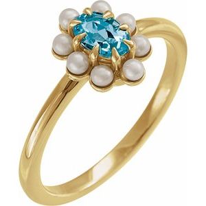 14K Yellow Gold Natural London Blue Topaz & Cultured White Seed Pearl Halo-Style Ring