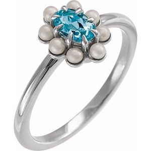 Platinum Natural London Blue Topaz & Cultured White Seed Pearl Halo-Style Ring
