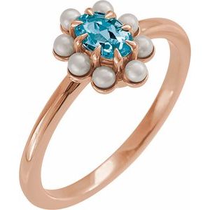 14K Rose Gold Natural London Blue Topaz & Cultured White Seed Pearl Halo-Style Ring