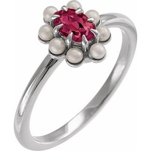 Platinum Natural Rhodolite Garnet & Cultured White Seed Pearl Halo-Style Ring