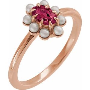 14K Rose Gold Natural Rhodolite Garnet & Cultured White Seed Pearl Halo-Style Ring