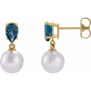 14K Yellow Gold Cultured White Akoya Pearl & Natural London Blue Topaz Earrings