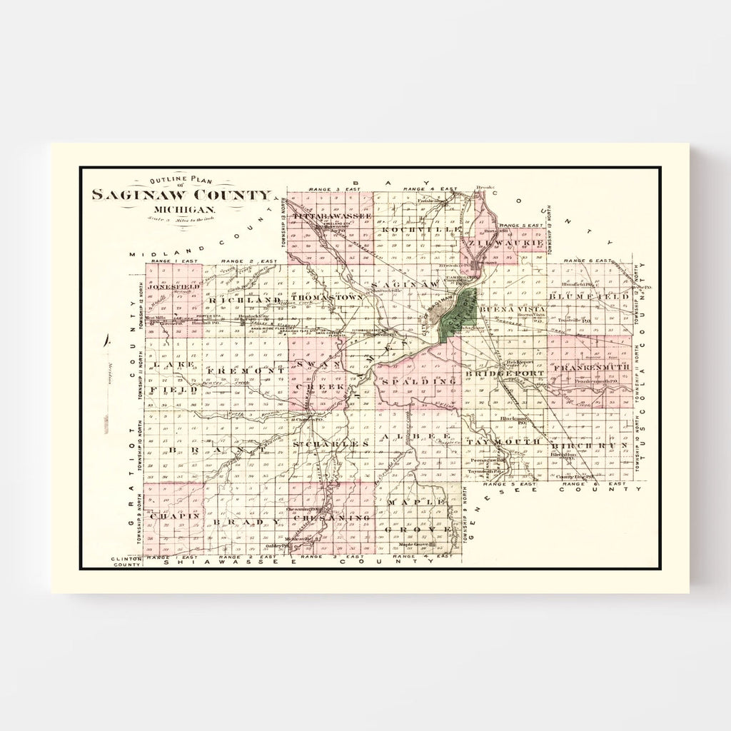 Vintage Map of Saginaw County, Michigan 1877