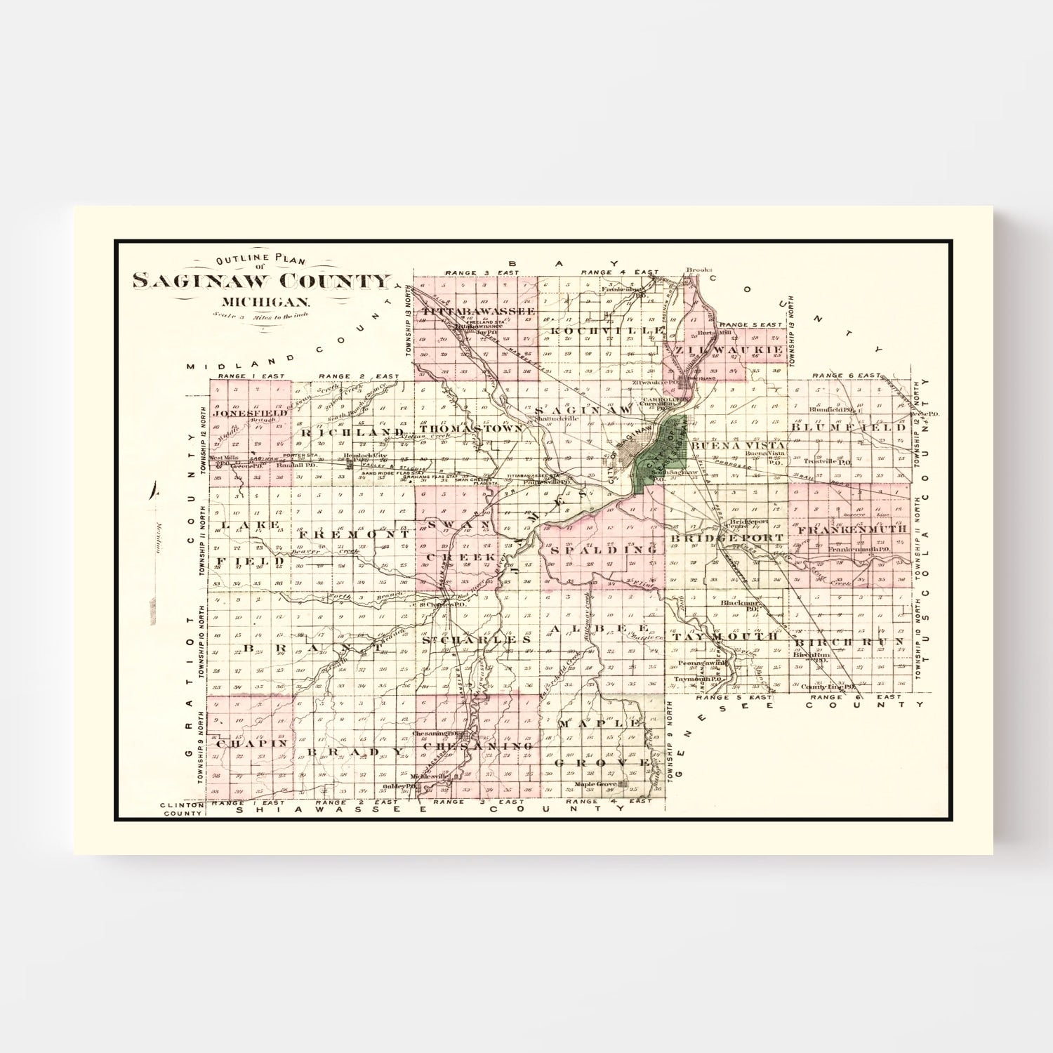 Vintage Map of Saginaw County, Michigan 1877