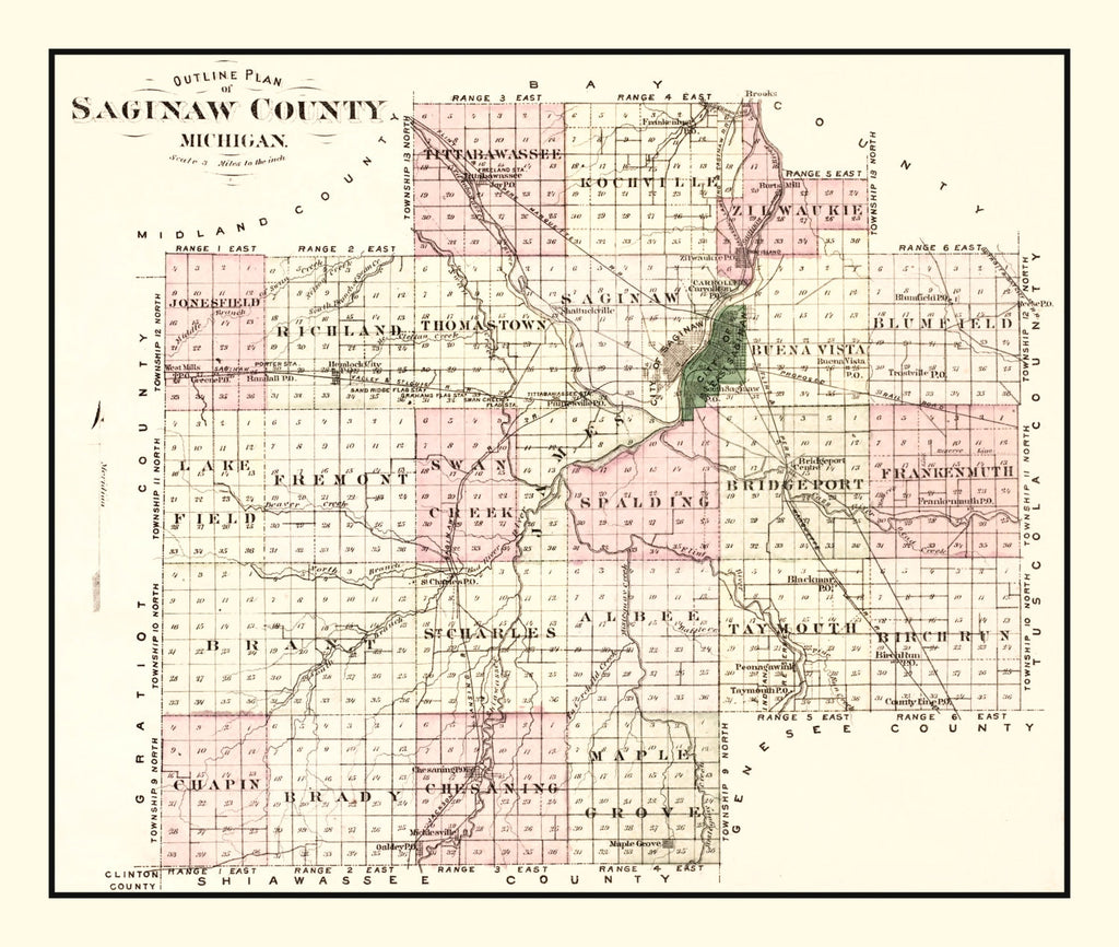 Vintage Map of Saginaw County, Michigan 1877