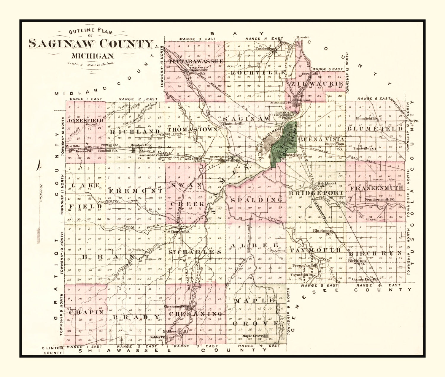 Vintage Map of Saginaw County, Michigan 1877