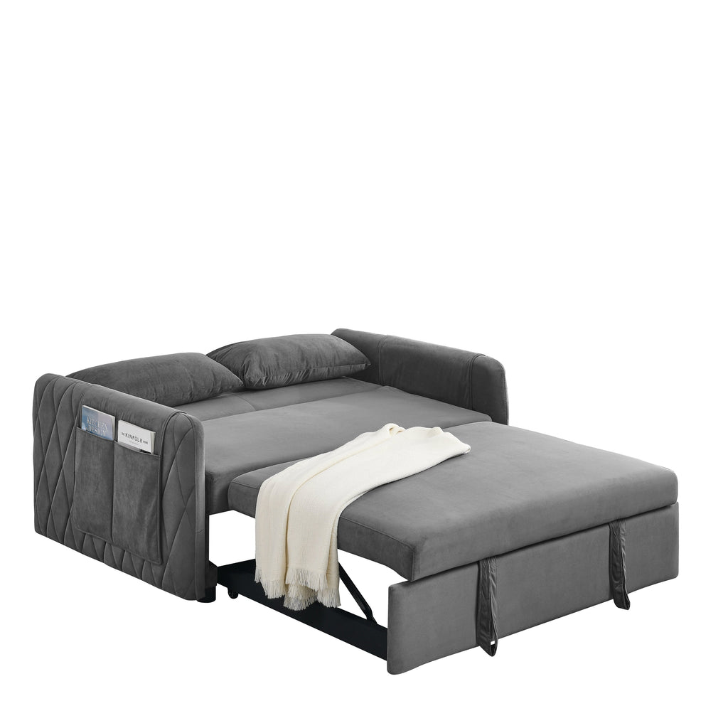 55' Modern Convertible Sofa Bed with 2 Detachable Arm Pockets, Velvet Loveseat Sofa with Pull Out Bed, 2 Pillows and Living Room Adjustable Backrest, Grid Design Armrests