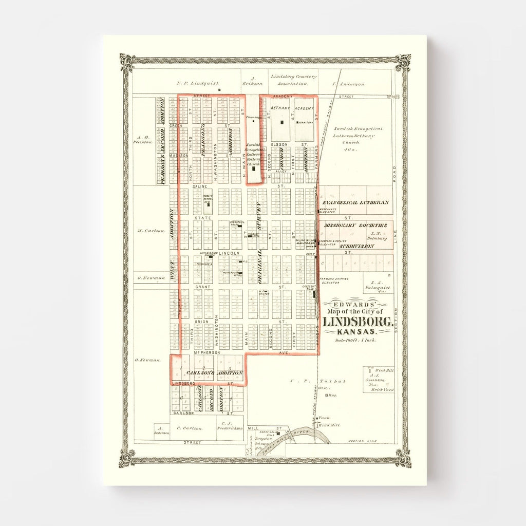 Vintage Map of Lindsborg, Kansas 1884