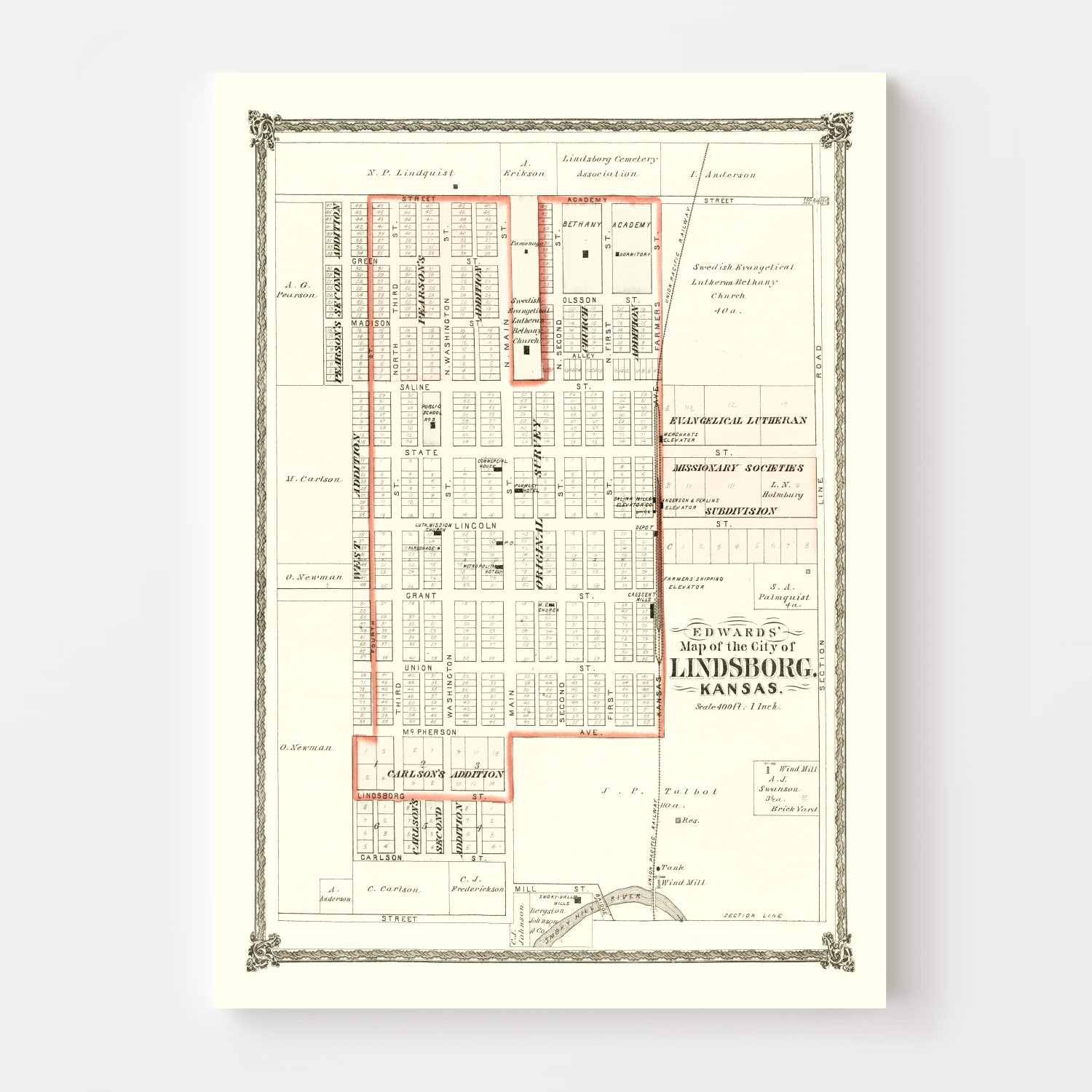 Vintage Map of Lindsborg, Kansas 1884