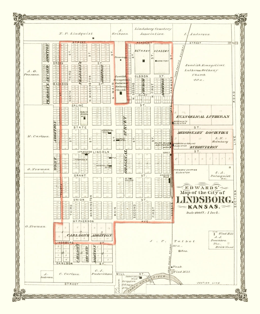 Vintage Map of Lindsborg, Kansas 1884