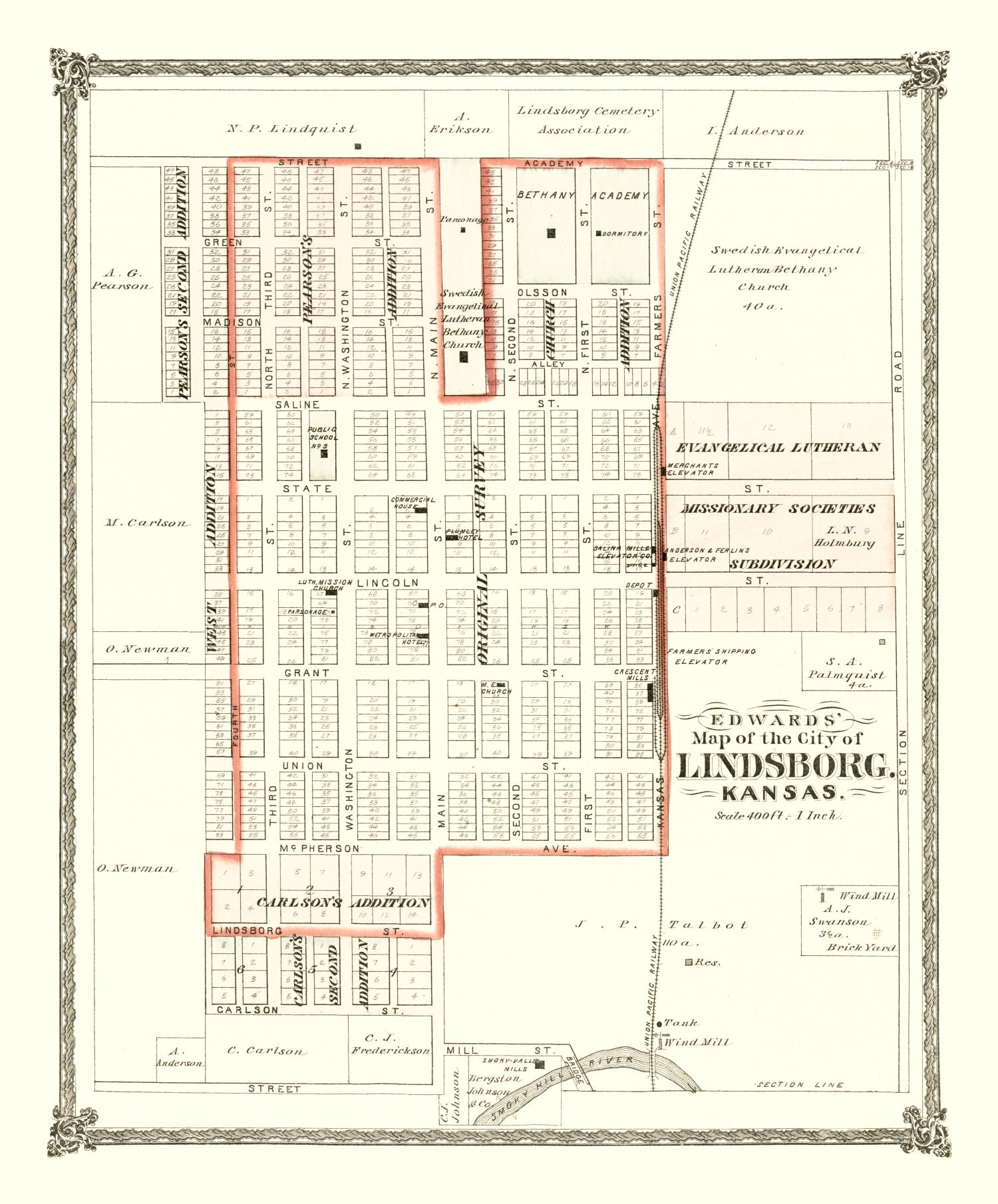 Vintage Map of Lindsborg, Kansas 1884
